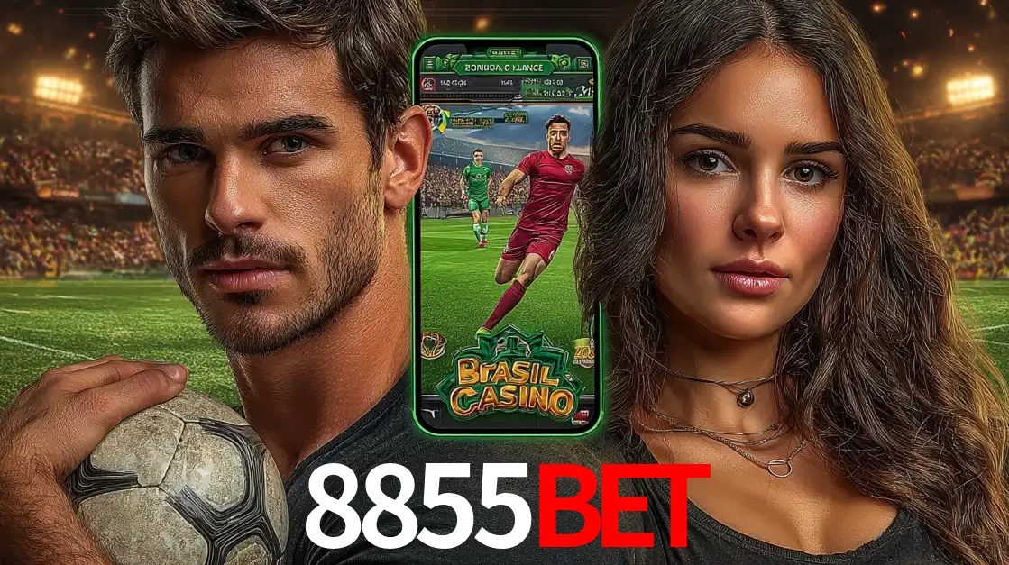 Homem segurando uma bola de futebol e uma mulher ao lado de um smartphone exibindo o jogo de apostas esportivas da 8855bet. Faça seu palpite no cassino online.